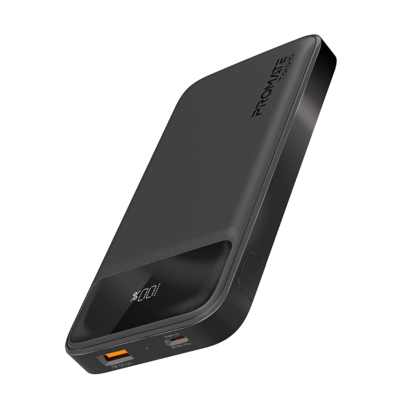 Promate Power Bank, Universal 10000mAh Ultra-Slim Portable Charger with 20W USB-C Power Delivery Port, QC 3.0 18W Port, Built-In Kickstand, LCD Screen and Over-Heating Protection, Torq-10 Black